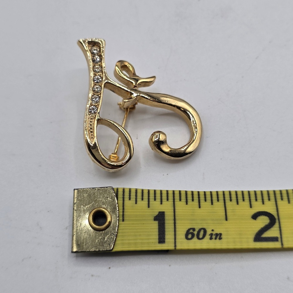 Gold Tone Rhinestone Script Initial Letter F Brooch Cursive Monogram Pin Classy - Picture 5 of 7